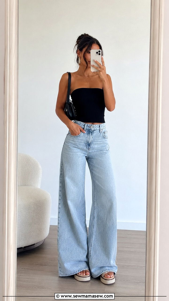 Tube top and wide leg jeans - 30 cute summer concert outfits