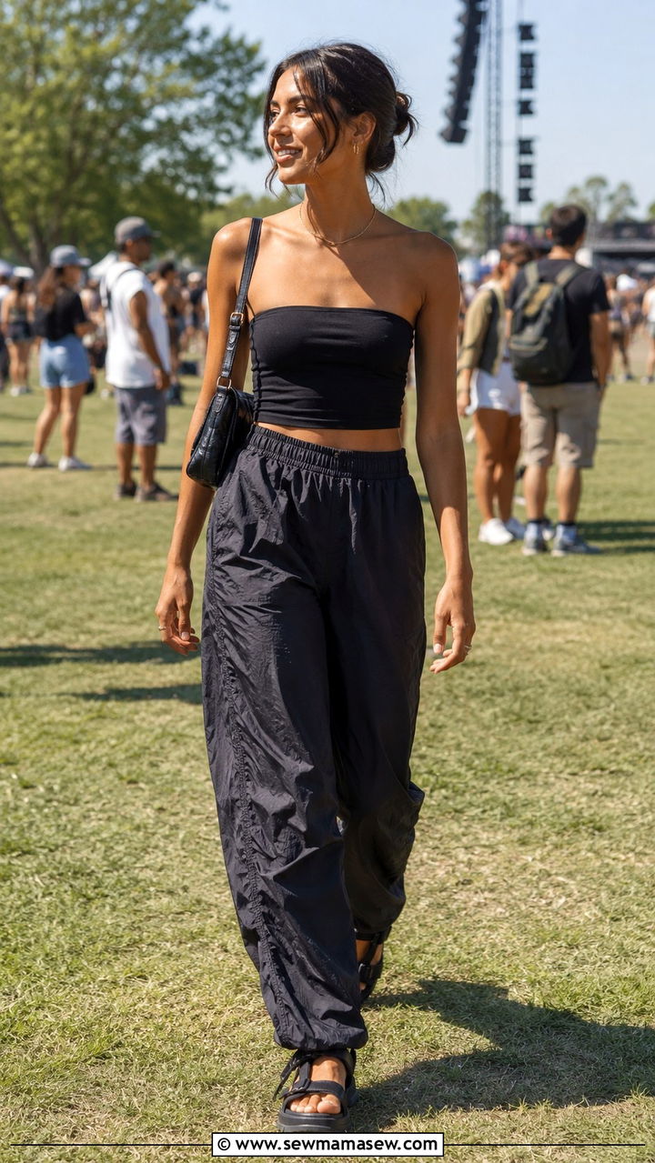 Tube top with high waisted parachute pants - 30 Playful spring outfit ideas