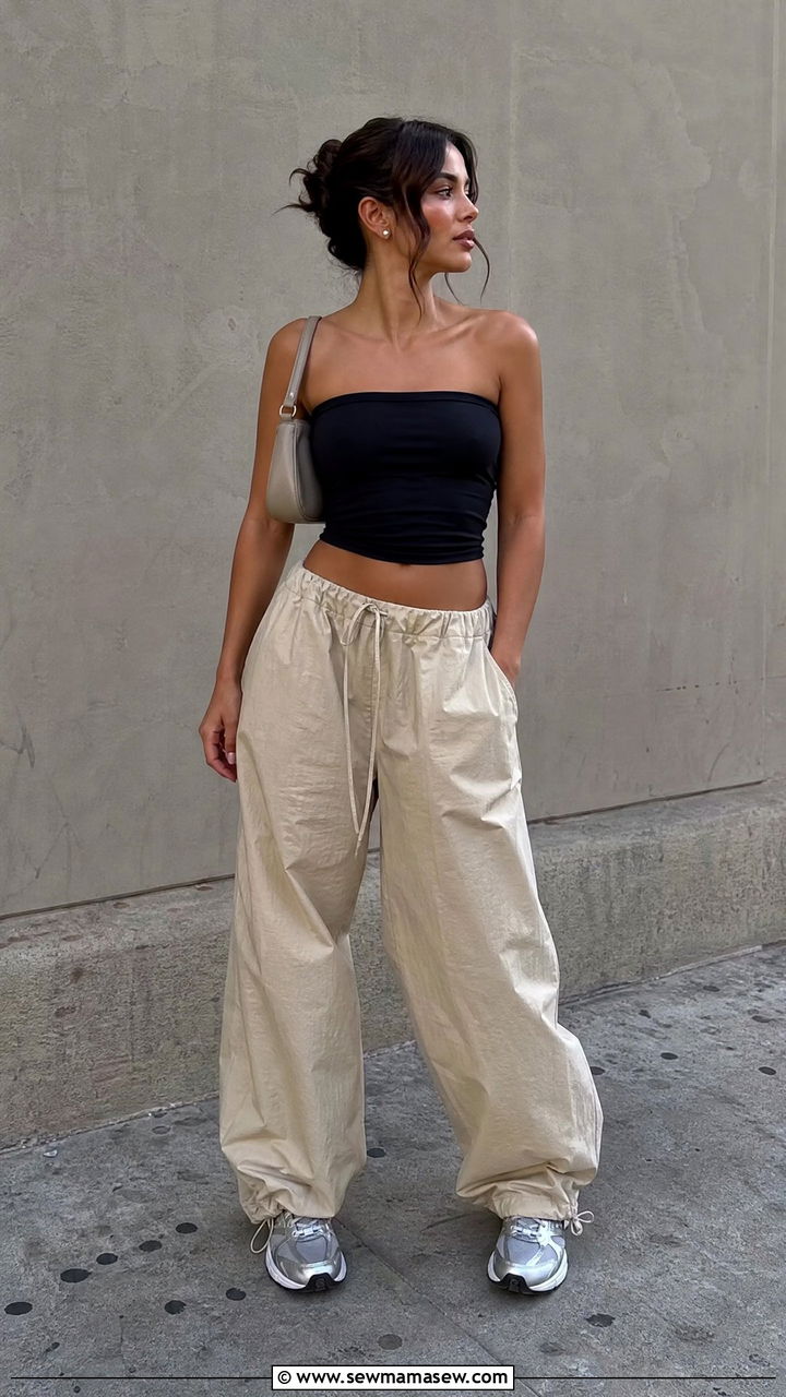 Tube top with parachute pants summer - 30 summer y2k outfit ideas