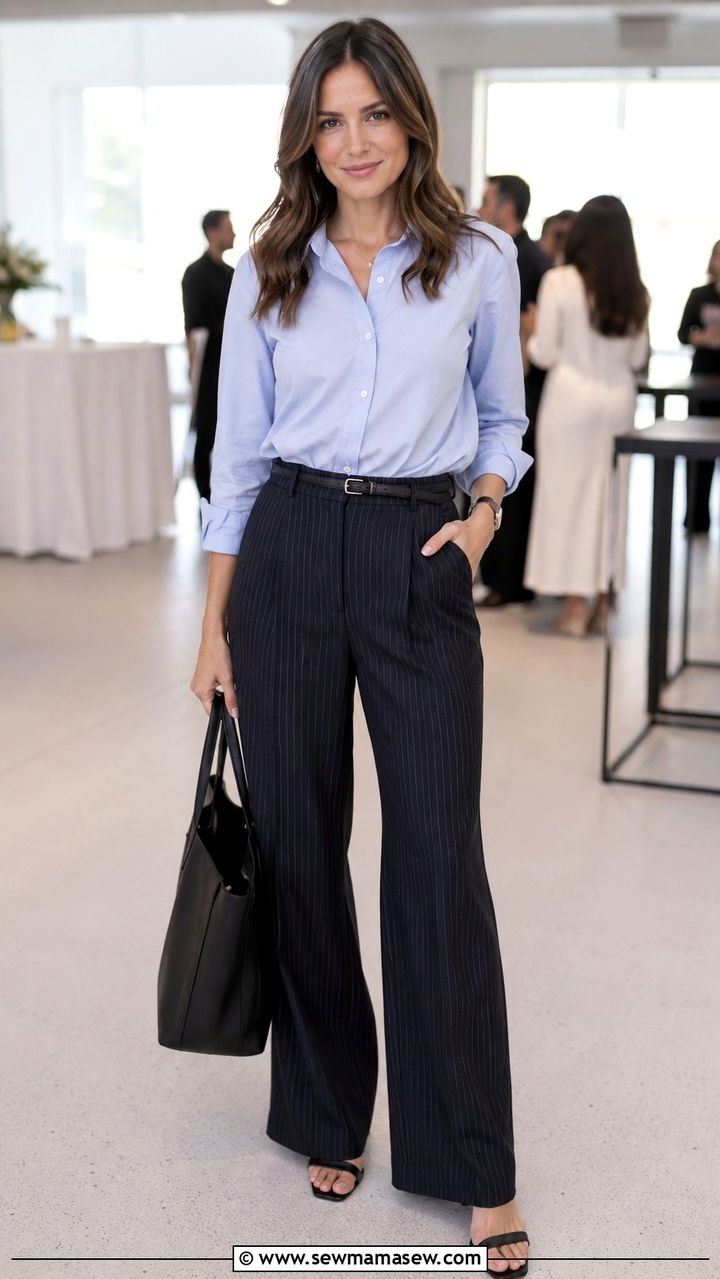 Tucked Button Down with Pinstripe Wide Leg Trousers - 25 Wide leg trousers outfit ideas with a button down