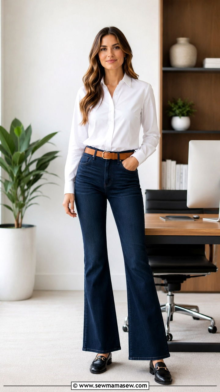Tucked Button Up Shirt with Belt and Flare Jeans - 30 How to style flare jeans