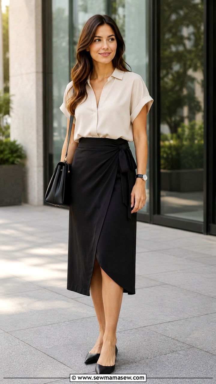 Tucked In Blouse With Wrap Midi Skirt - 30 Midi skirt outfit ideas for summer