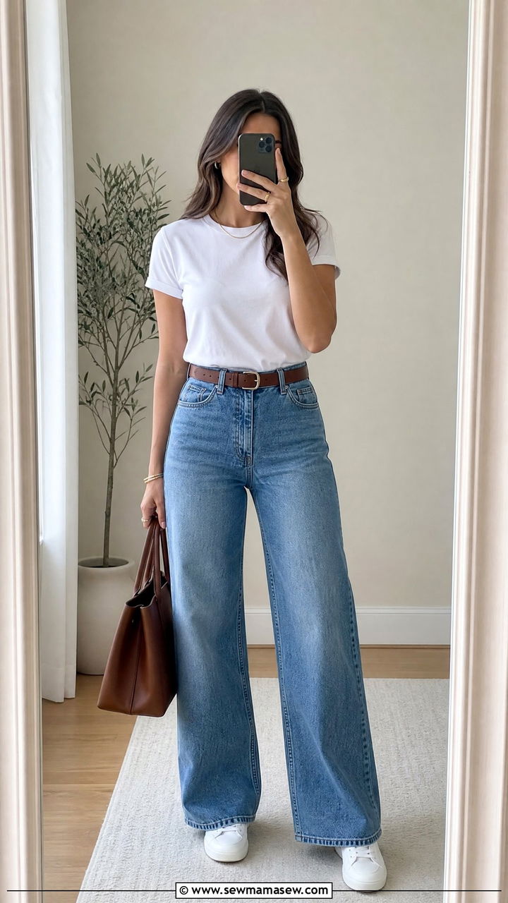 Tucked In Tee with a Belt and Wide Leg Jeans - 30 summer wide leg jeans outfit ideas