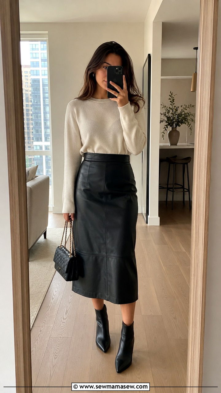 Tucked sweater and leather midi skirt outfit - 30 outfit ideas for rectangle body shape