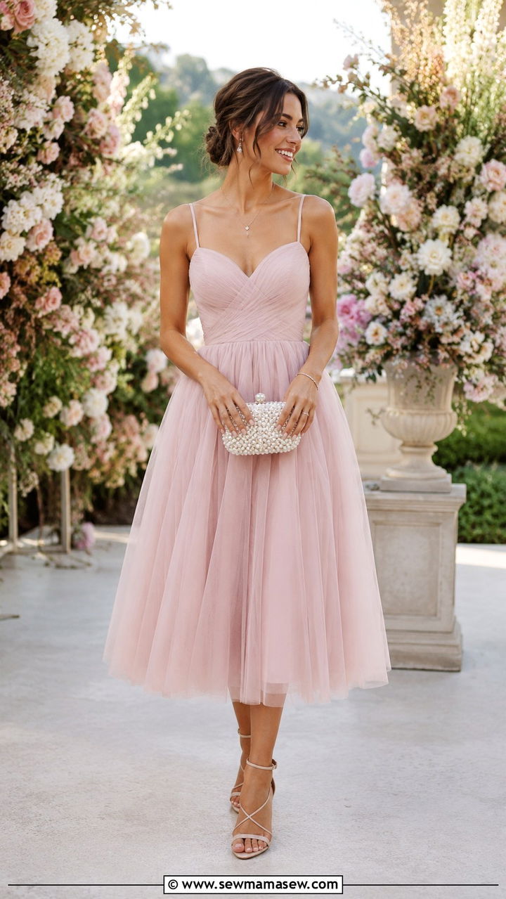 Tulle A Line Midi Dress with Delicate Heels - 25 Wedding guest outfit ideas A line dress