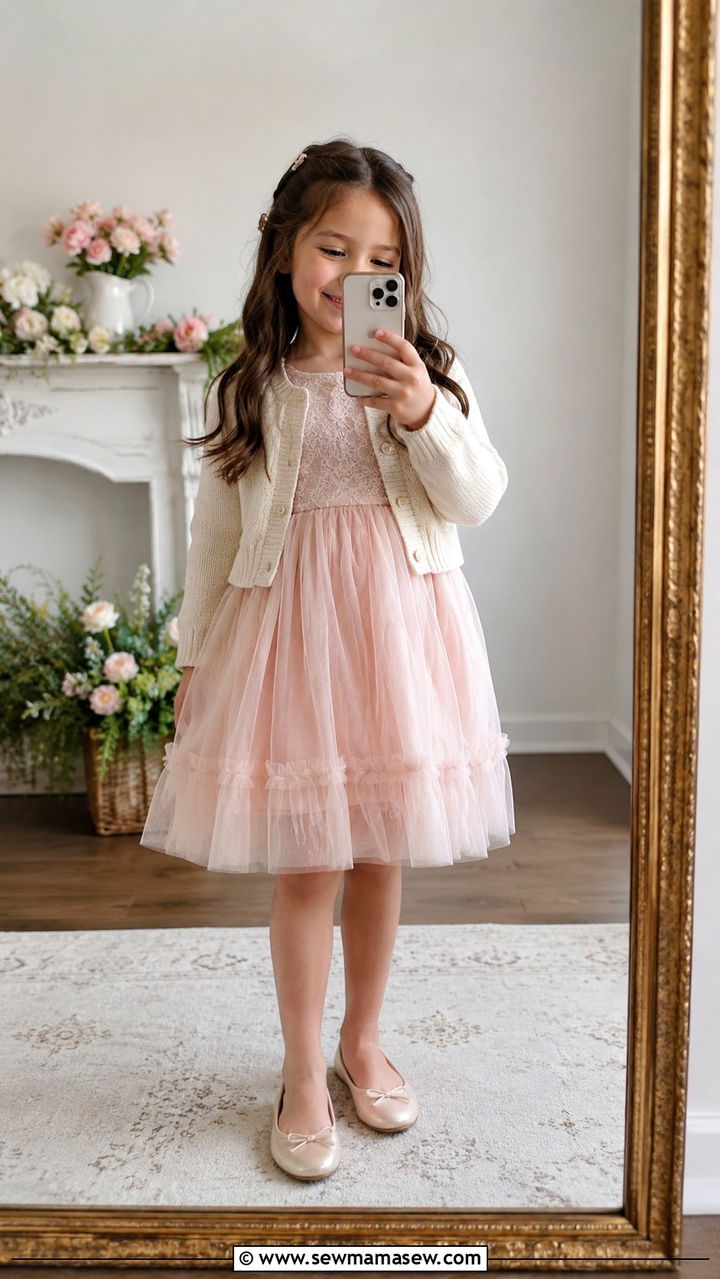 Tulle Dress with Cardigan and Ballet Flats Outfit - 30 Kids family photo outfits