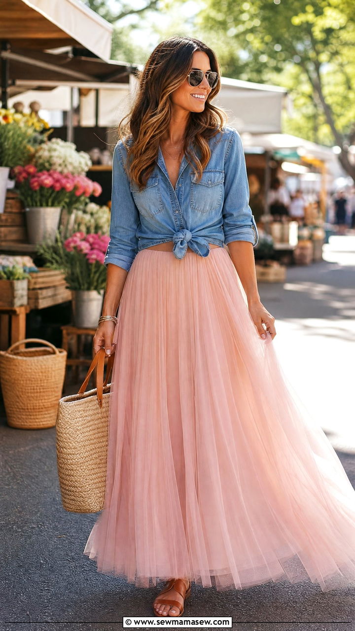 Tulle Maxi Skirt With Chambray Denim Shirt Outfit - 25 Tulle maxi skirt outfit ideas
