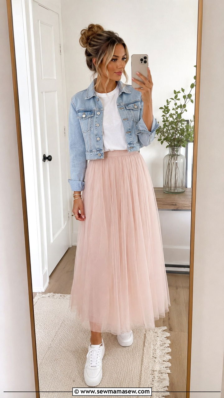 Tulle Maxi Skirt With Cropped Denim Jacket Outfit - 25 Tulle maxi skirt outfit ideas