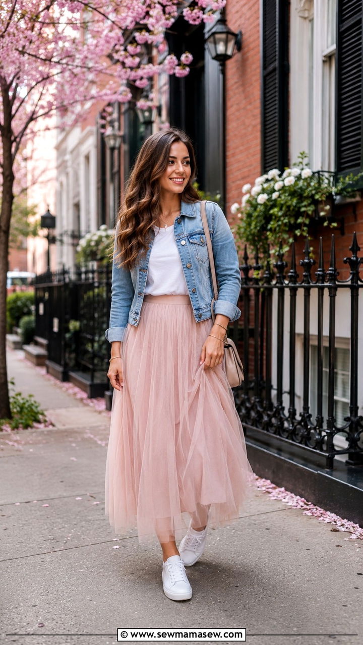 Tulle Maxi Skirt With Denim Jacket And Tee - 30 Maxi skirt outfit ideas for summer