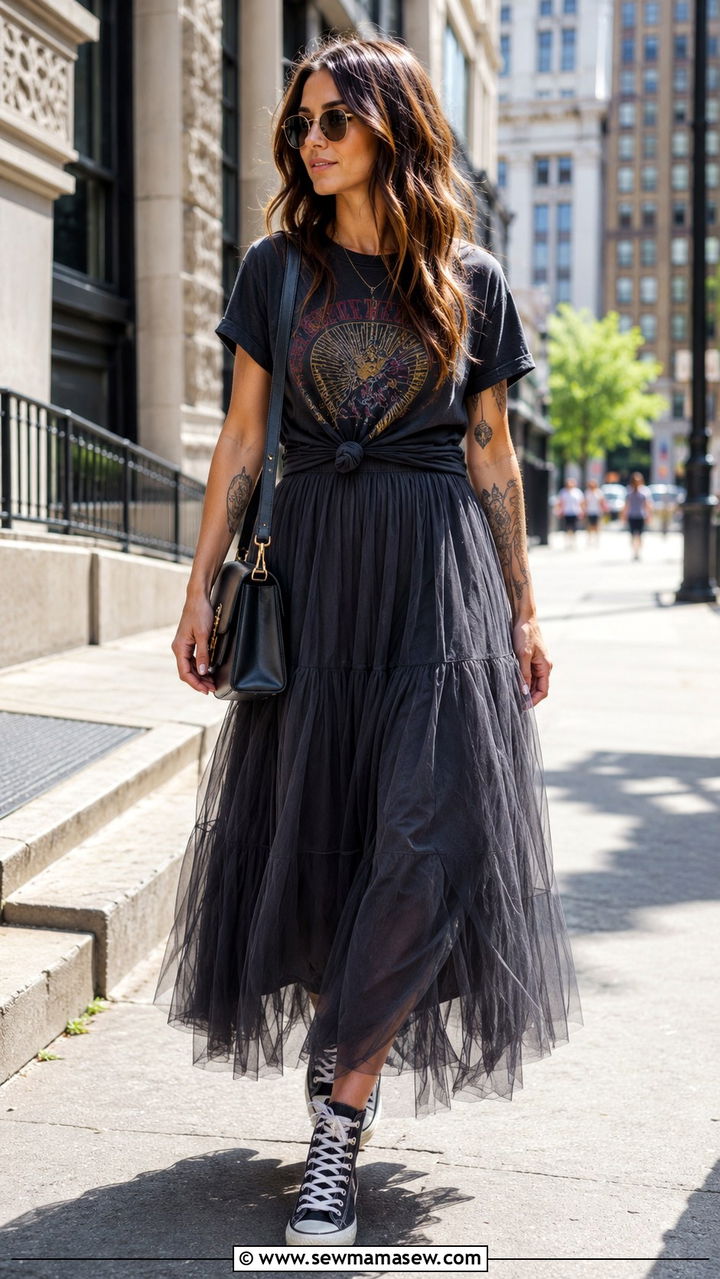Tulle Maxi Skirt With Vintage Band Tee Outfit - 25 Tulle maxi skirt outfit ideas