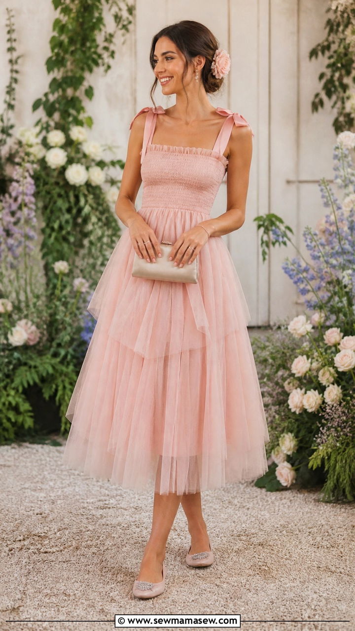 Tulle Midi Dress With Ballet Flats - 40 Destination wedding guest outfits