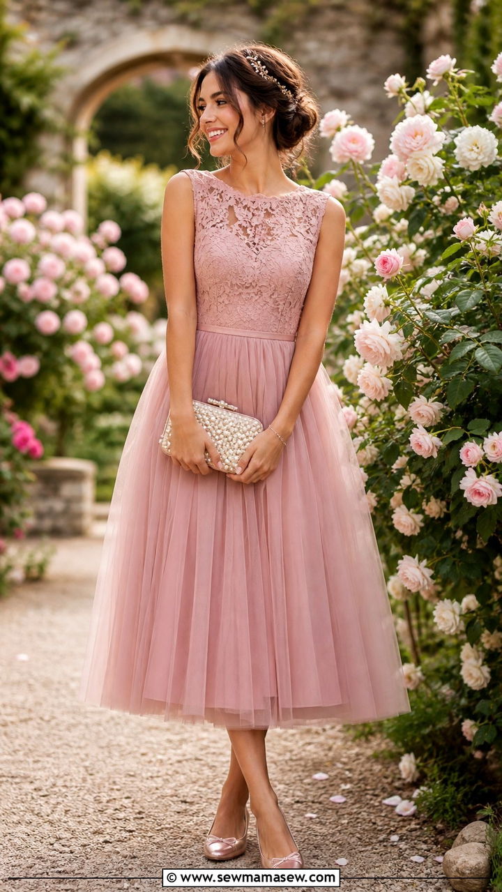 Tulle Midi Dress with Ballet Flats - 40 Wedding guest outfit ideas