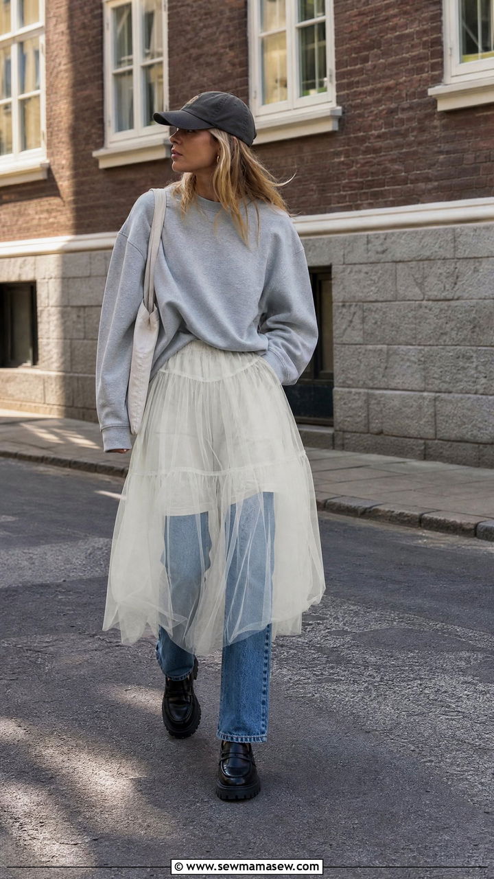 Tulle Midi Skirt Layered Over Straight Leg Jeans Outfit - 25 classy Copenhagen outfits