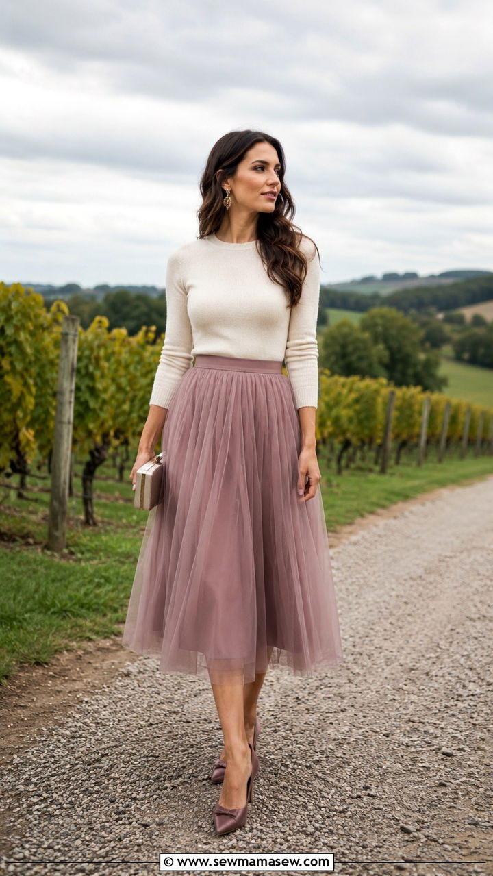 Tulle Midi Skirt With Cashmere Sweater - 25 Winery wedding guest outfit ideas