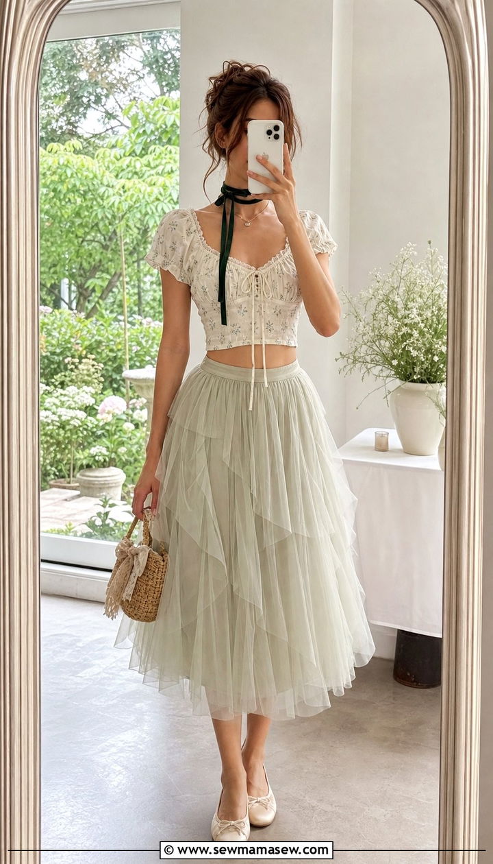 Tulle Midi Skirt With Cropped Blouse And Ballet Flats - 25 summer fairycore outfit ideas