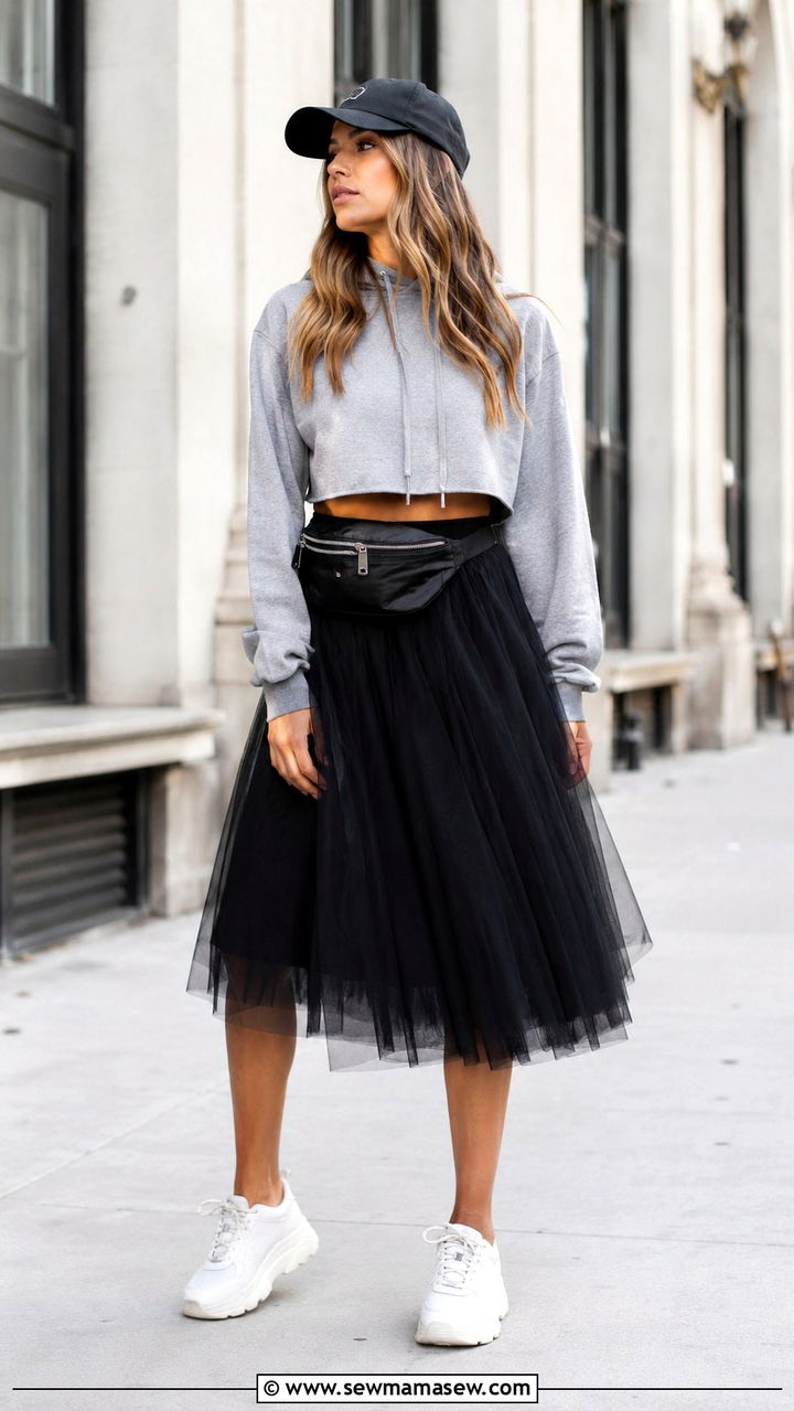 Tulle Midi Skirt With Cropped Hoodie And Chunky Sneakers - 30 Tulle skirt outfit ideas for summer