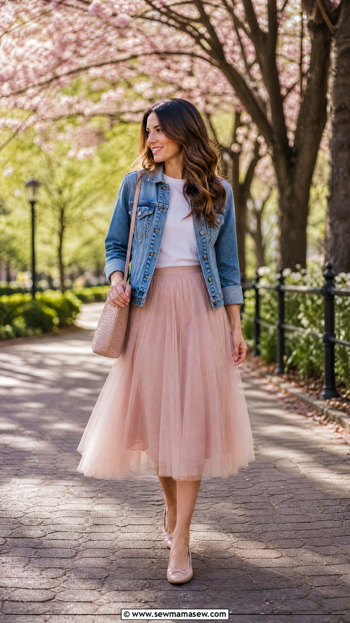 Tulle Midi Skirt With Denim Jacket and Ballet Flats - 25 How to style a midi skirt for travel