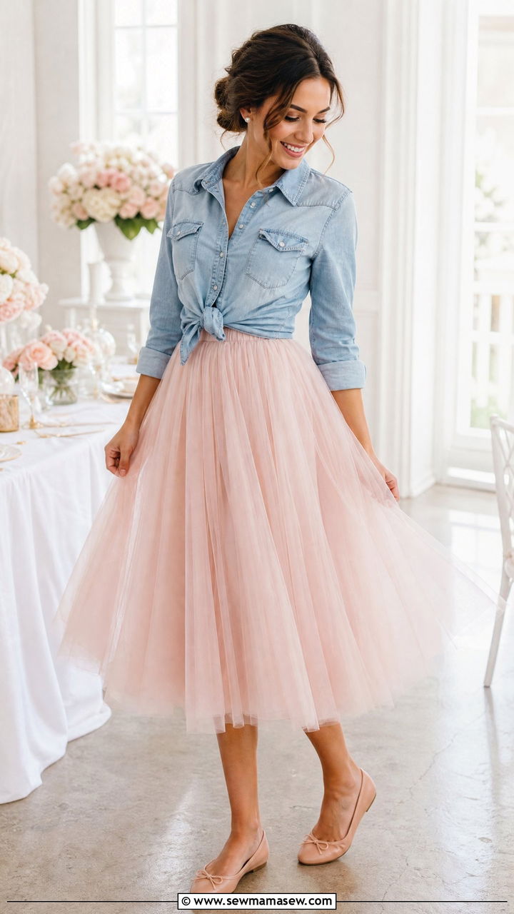 Tulle Midi Skirt With Denim Shirt - 35 midi skirt outfit ideas for women