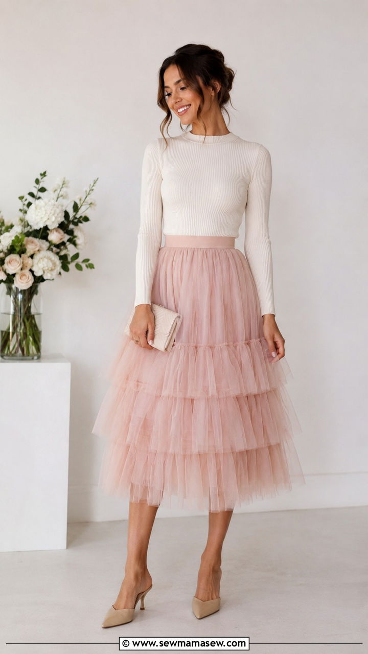 Tulle Midi Skirt With Fitted Knit Top Outfit - 25 romantic outfits aesthetic