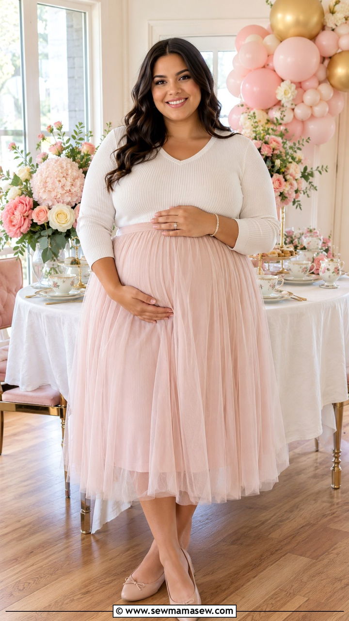 Tulle Midi Skirt With Fitted Top And Ballet Flats - 30 Plus size outfit ideas for baby shower