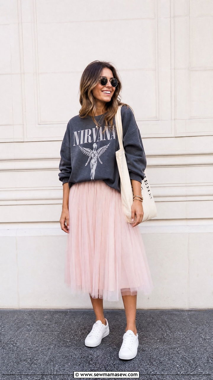 Tulle Midi Skirt With Graphic Sweatshirt And Sneakers - 30 Taylor Swift concert outfit ideas