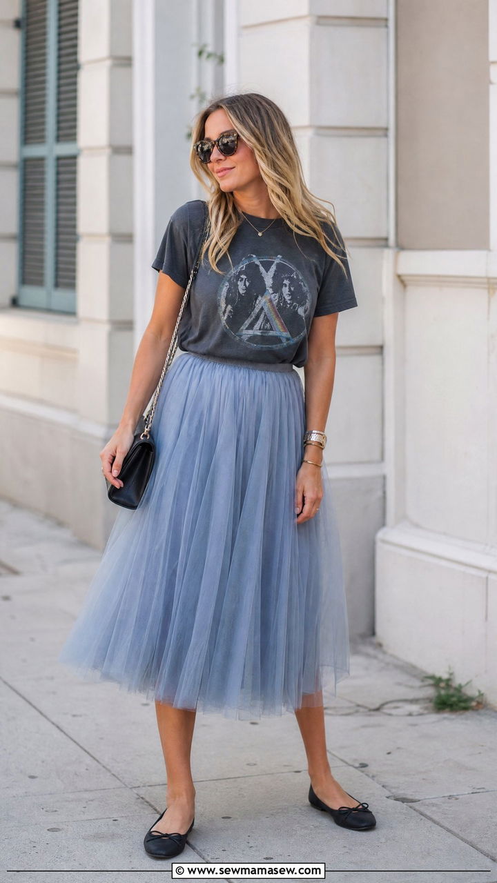 Tulle Midi Skirt With Graphic Tee And Ballet Flats - 40 midi skirt outfit ideas