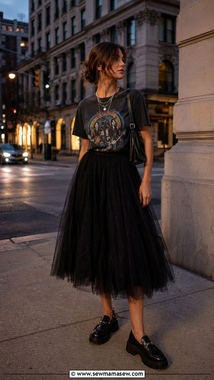 Tulle Midi Skirt With Graphic Tee And Chunky Loafers - 30 Spring city outfits