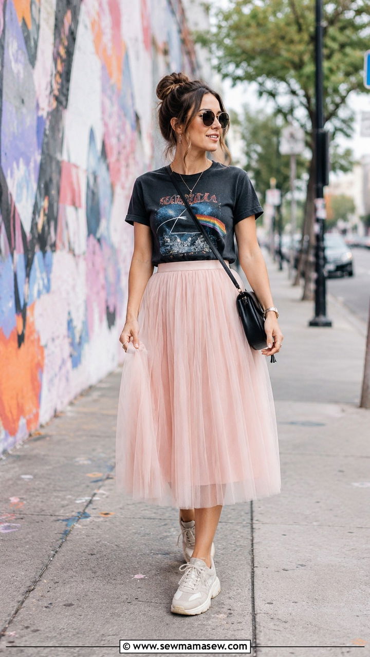 Tulle Midi Skirt With Graphic Tee And Chunky Sneakers - 30 Spring outfits with skirts
