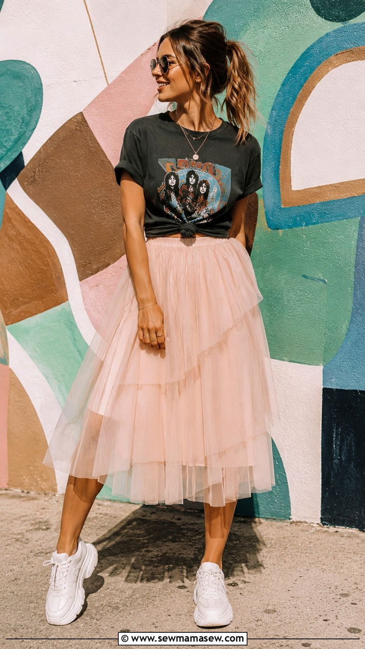 Tulle Midi Skirt With Graphic Tee And Chunky Sneakers - 30 Spring outfits with midi skirts