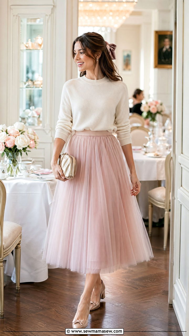 Tulle Midi Skirt With Lightweight Sweater - 35 Dressy spring outfits