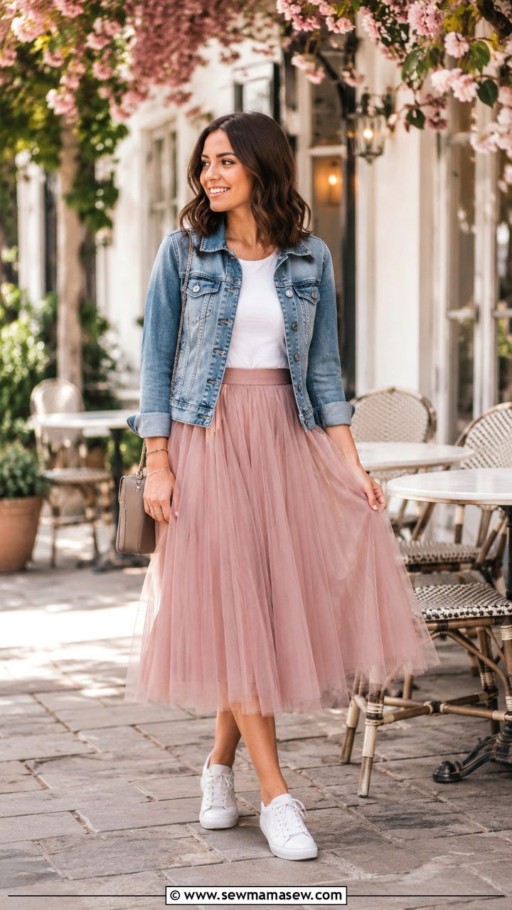 Tulle Midi Skirt With Minimalist White Sneakers And Denim Jacket - 25 White sneakers outfit ideas with a skirt