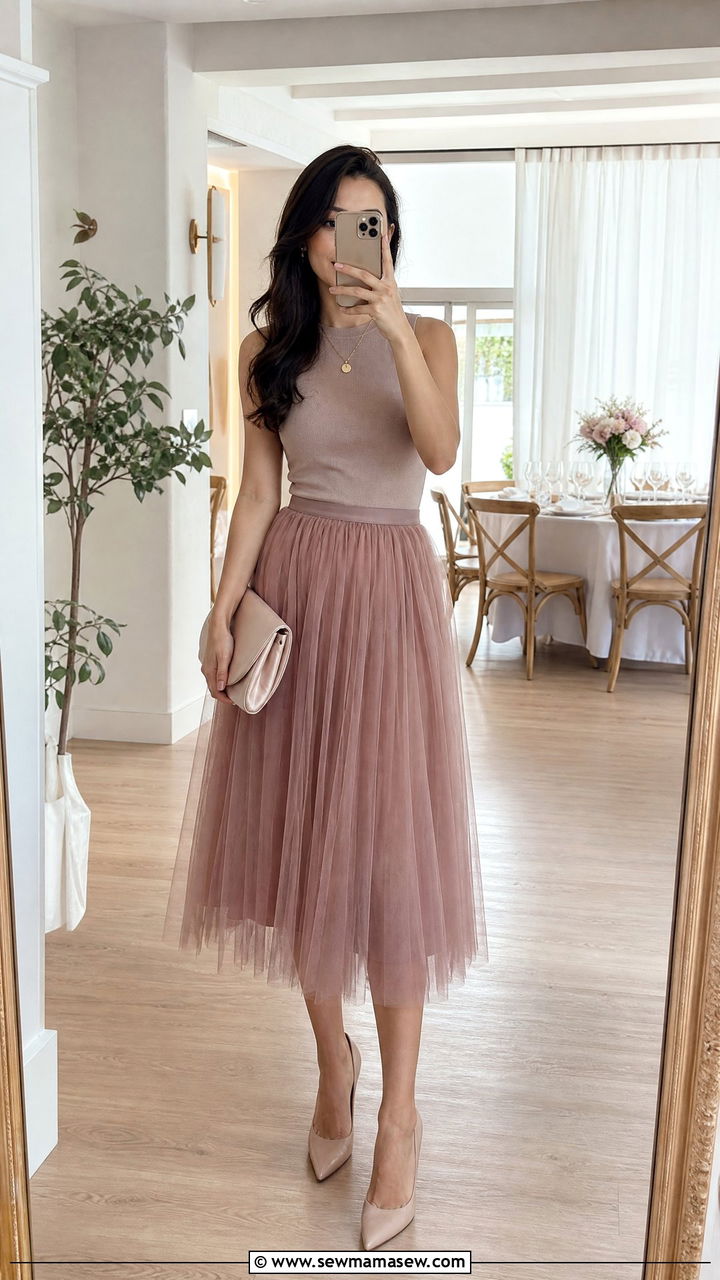 Tulle Midi Skirt With Simple Tank and Heels for Wedding - 25 How to style a midi skirt for a wedding