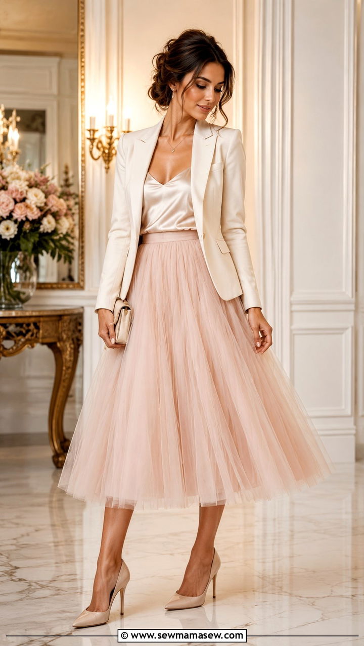 Tulle Midi Skirt and Blazer Outfit - 30 Midi skirt outfit ideas with a blazer