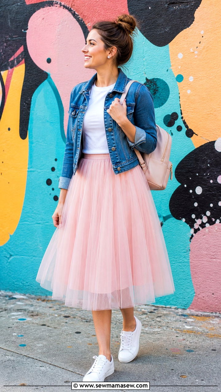 Tulle Midi Skirt and Denim Jacket - 40 Spring travel outfits