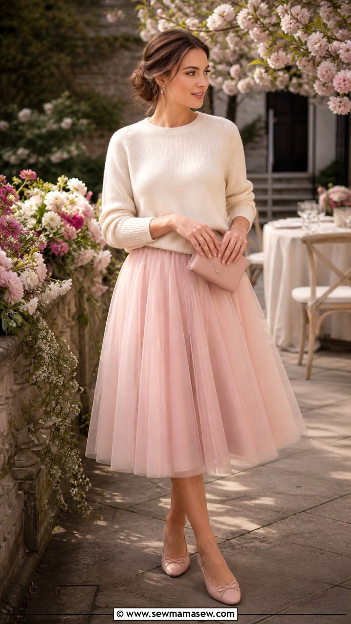 Tulle Midi Skirt and Lightweight Cashmere Sweater - 40 spring aesthetic outfit ideas