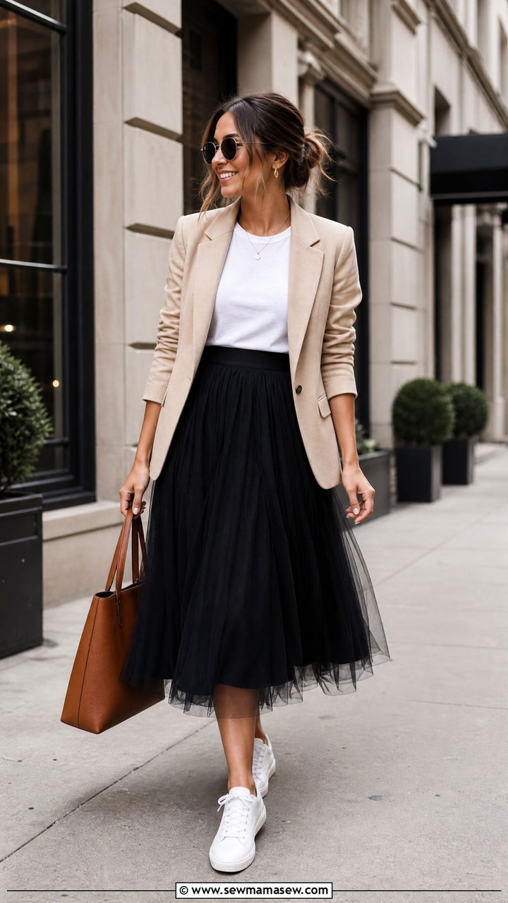 Tulle Midi Skirt with Blazer and Sneakers - 25 How to style a tulle skirt