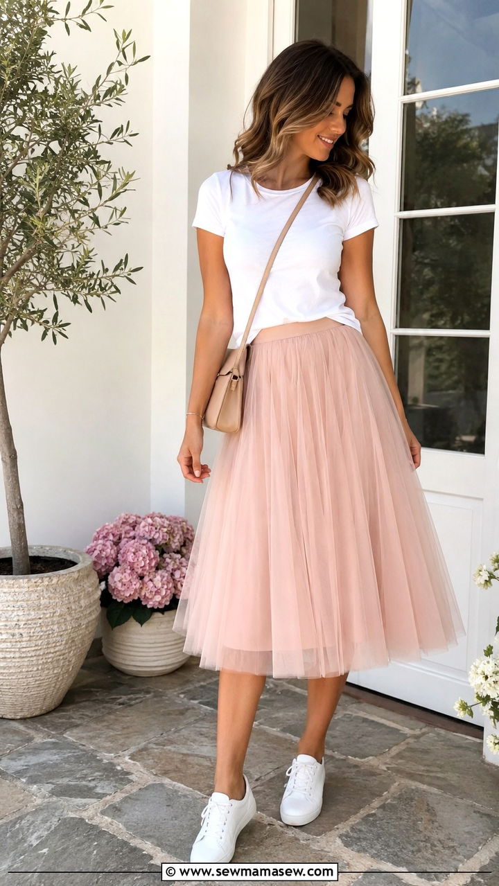 Tulle Midi Skirt with Fitted Tee - 30 casual romantic outfits
