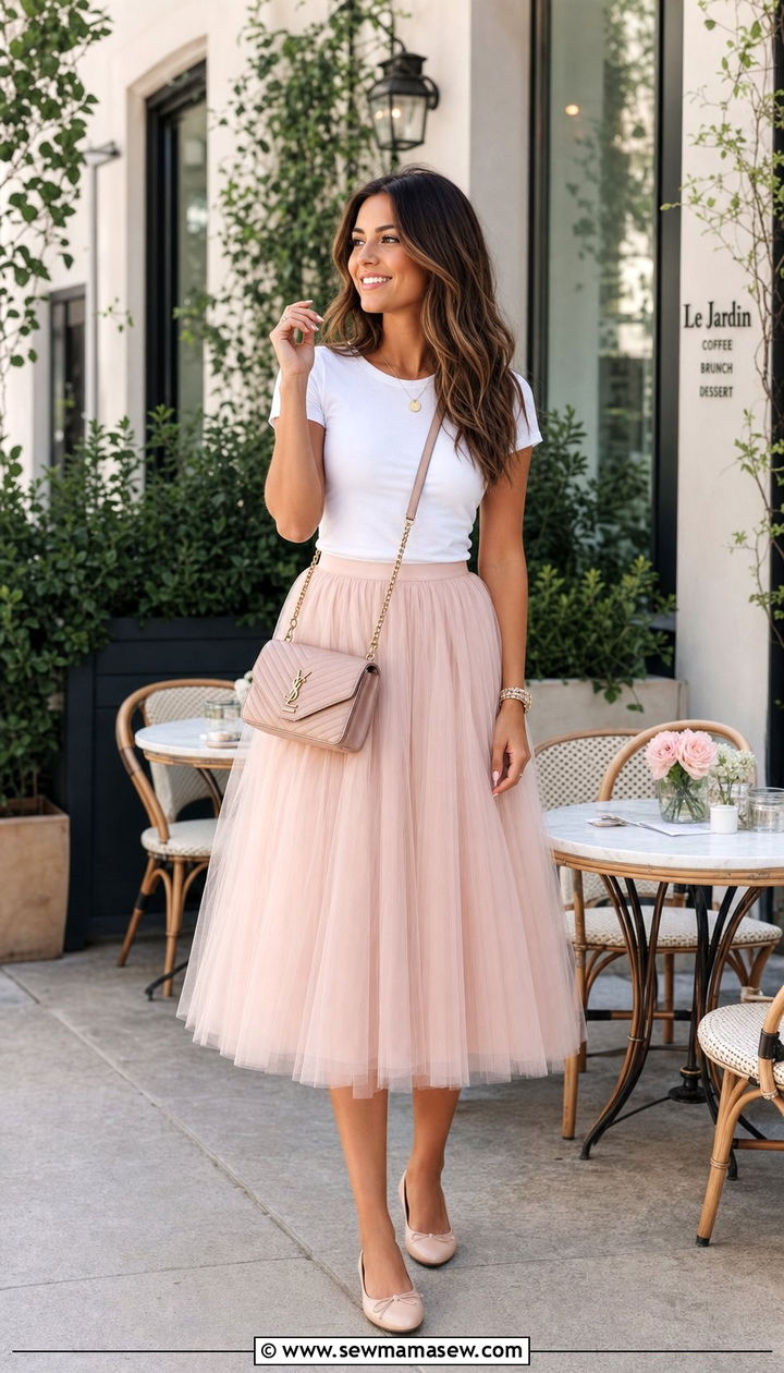 Tulle Midi Skirt with Fitted Top and Ballet Flats - 35 casual midi skirt outfits