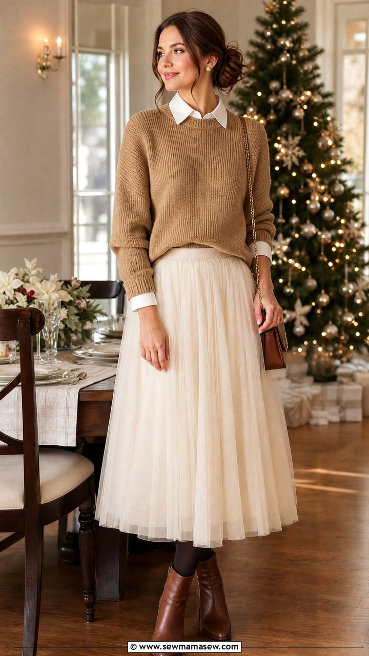 Tulle Midi Skirt with Knit Sweater and Collared Shirt - 25 How to style a tulle skirt