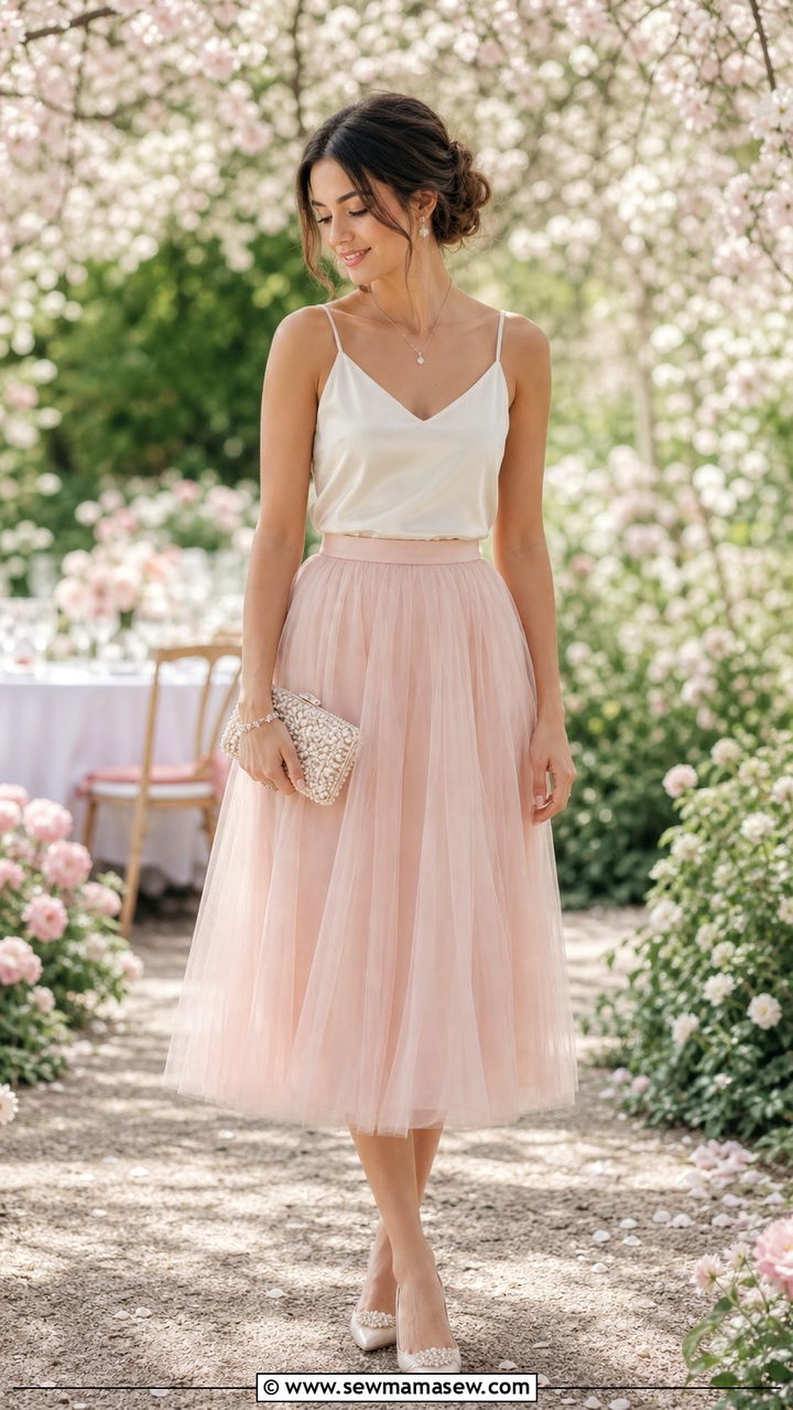 Tulle Midi Skirt with Satin Cami - 40 Spring garden party outfits