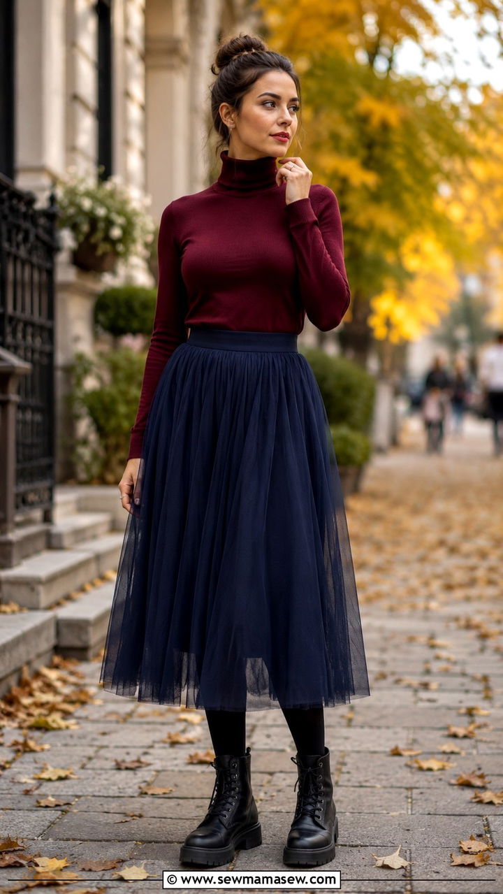 Tulle Midi Skirt with Turtleneck and Chunky Boots - 25 Tulle skirt outfit ideas with boots
