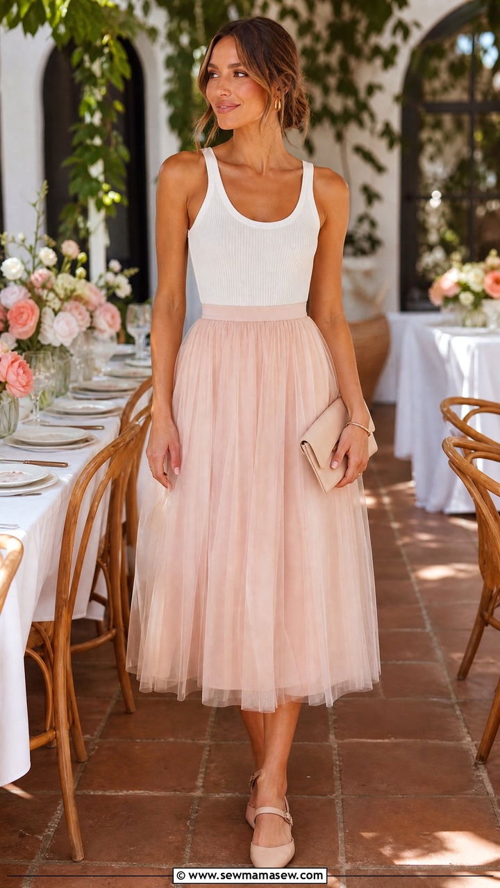 Tulle Midi Skirt with a Ribbed Tank and Slingback Sandals - 25 Brunch outfit ideas with sandals