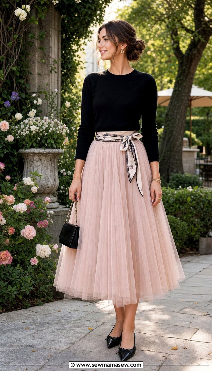 Tulle Skirt And Fitted Top With Silk Scarf Belt - 25 Silk scarf as a belt outfit ideas