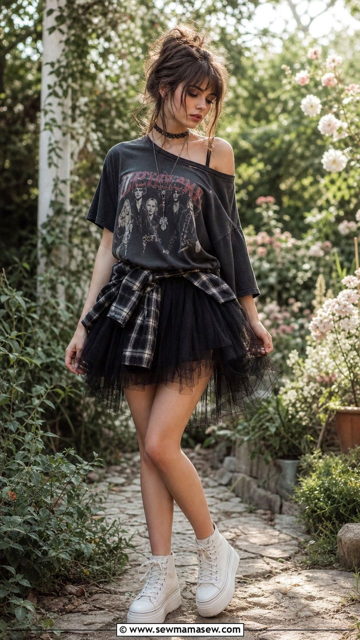 Tulle Skirt With A Vintage Band Tee And Platform Sneakers - 25 cute grunge outfits