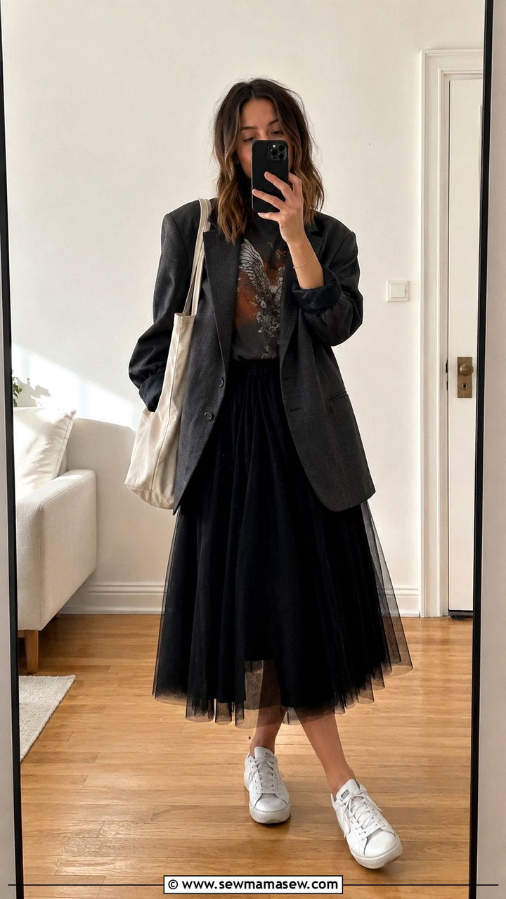 Tulle Skirt With Blazer And Graphic Tee - 20 Tulle skirt outfit ideas with a blazer