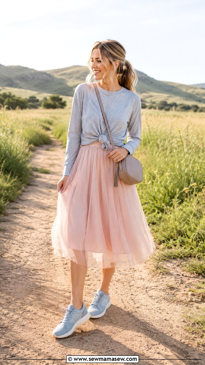 Tulle Skirt With KnotFront Sweatshirt and Colorful Sneakers - 30 Spring outfits with sneakers