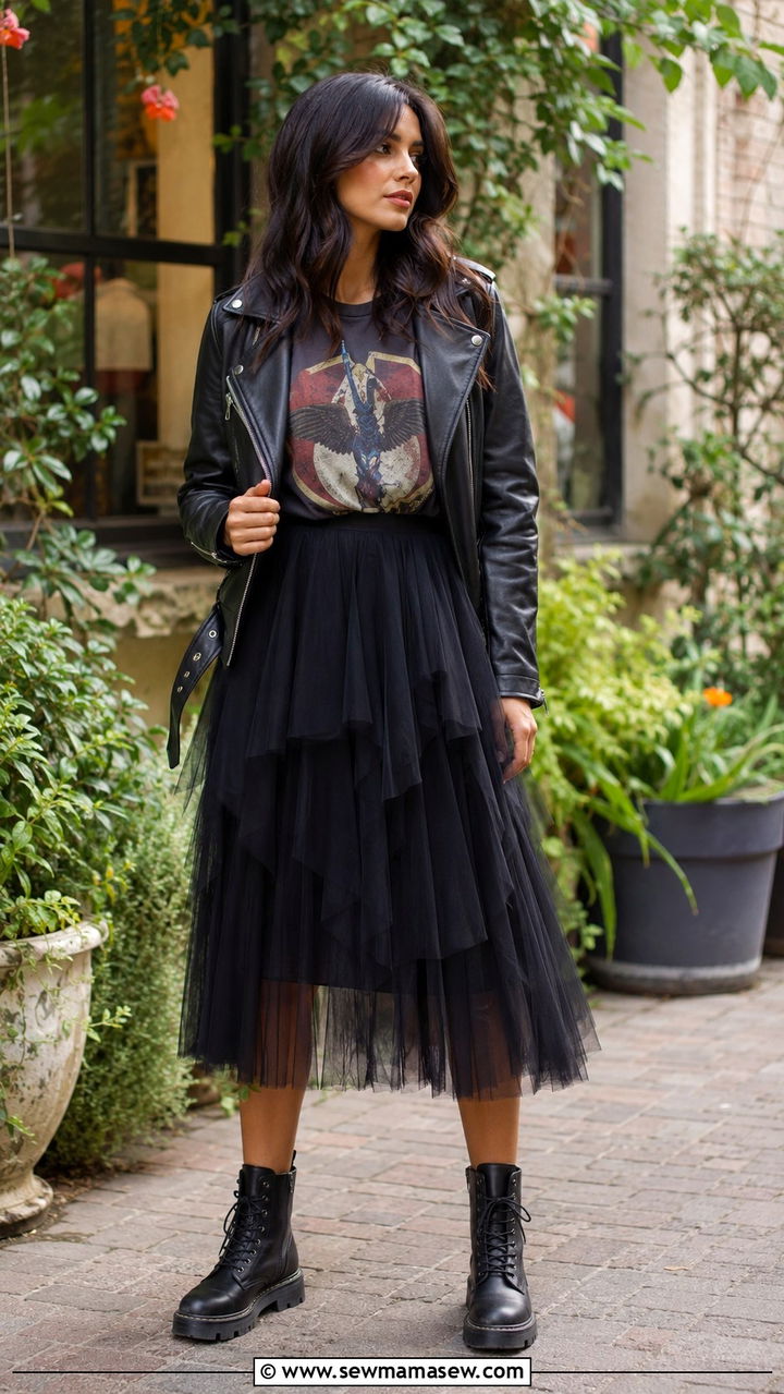 Tulle Skirt and Band Tee Outfit - 30 edgy outfit ideas for women