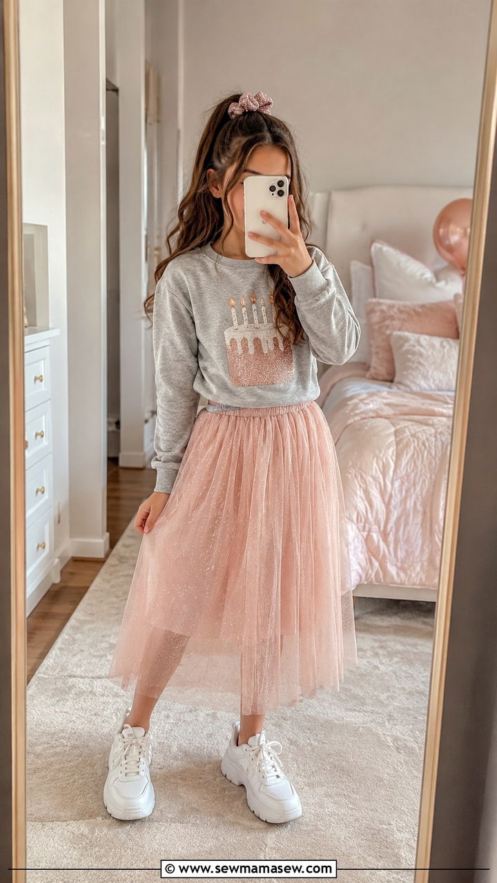 Tulle Skirt and Sweatshirt Birthday Combo - 30 Kids birthday outfit ideas