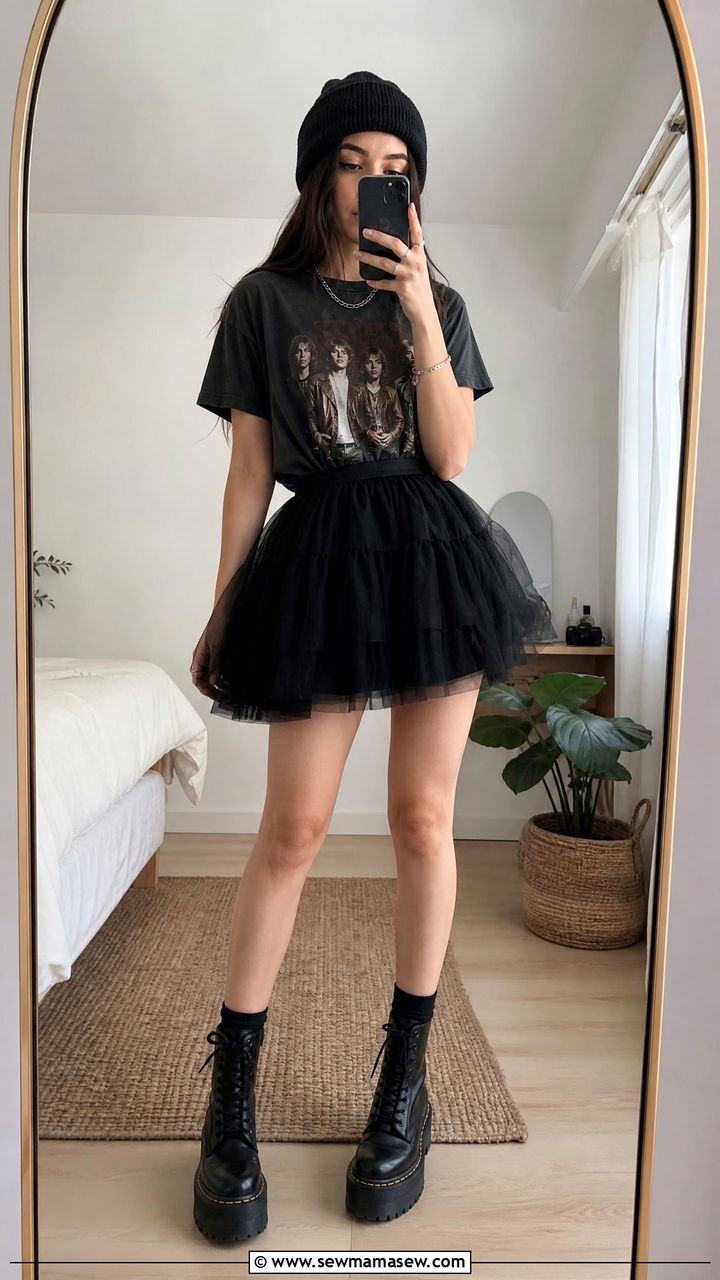 Tulle Skirt with Band Tee and Platform Boots - 25 Tulle skirt outfit ideas with boots