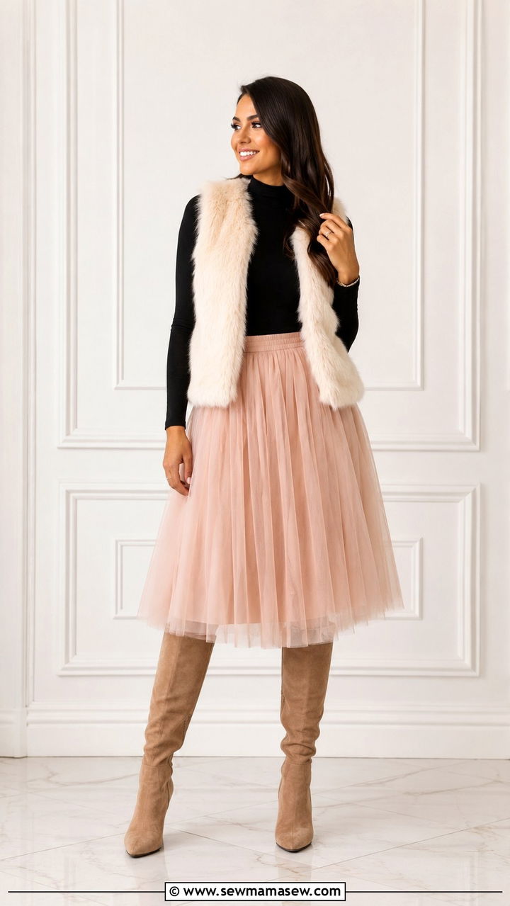 Tulle Skirt with Faux Fur Vest and Knee High Boots - 25 Tulle skirt outfit ideas with boots